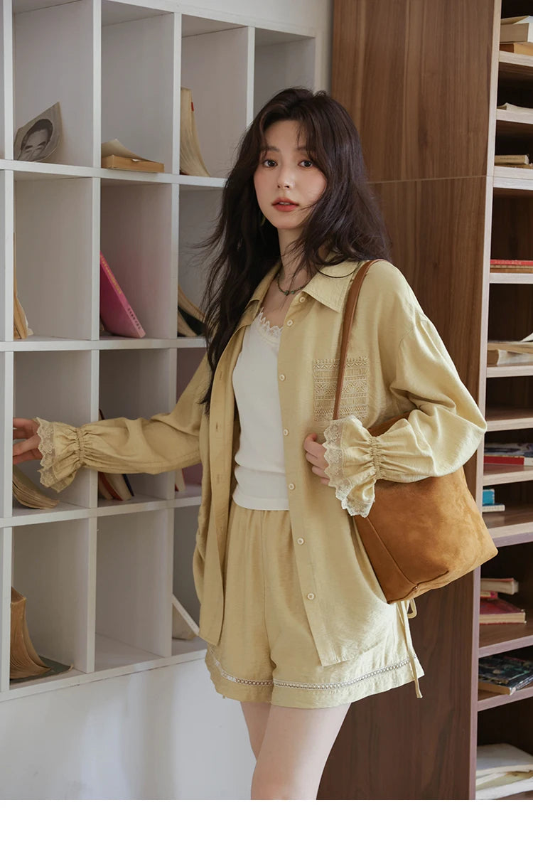 Mishow Yellow Linen Lace Shirt & Camisole & Shorts Three-Piece Set MXE42T0718
