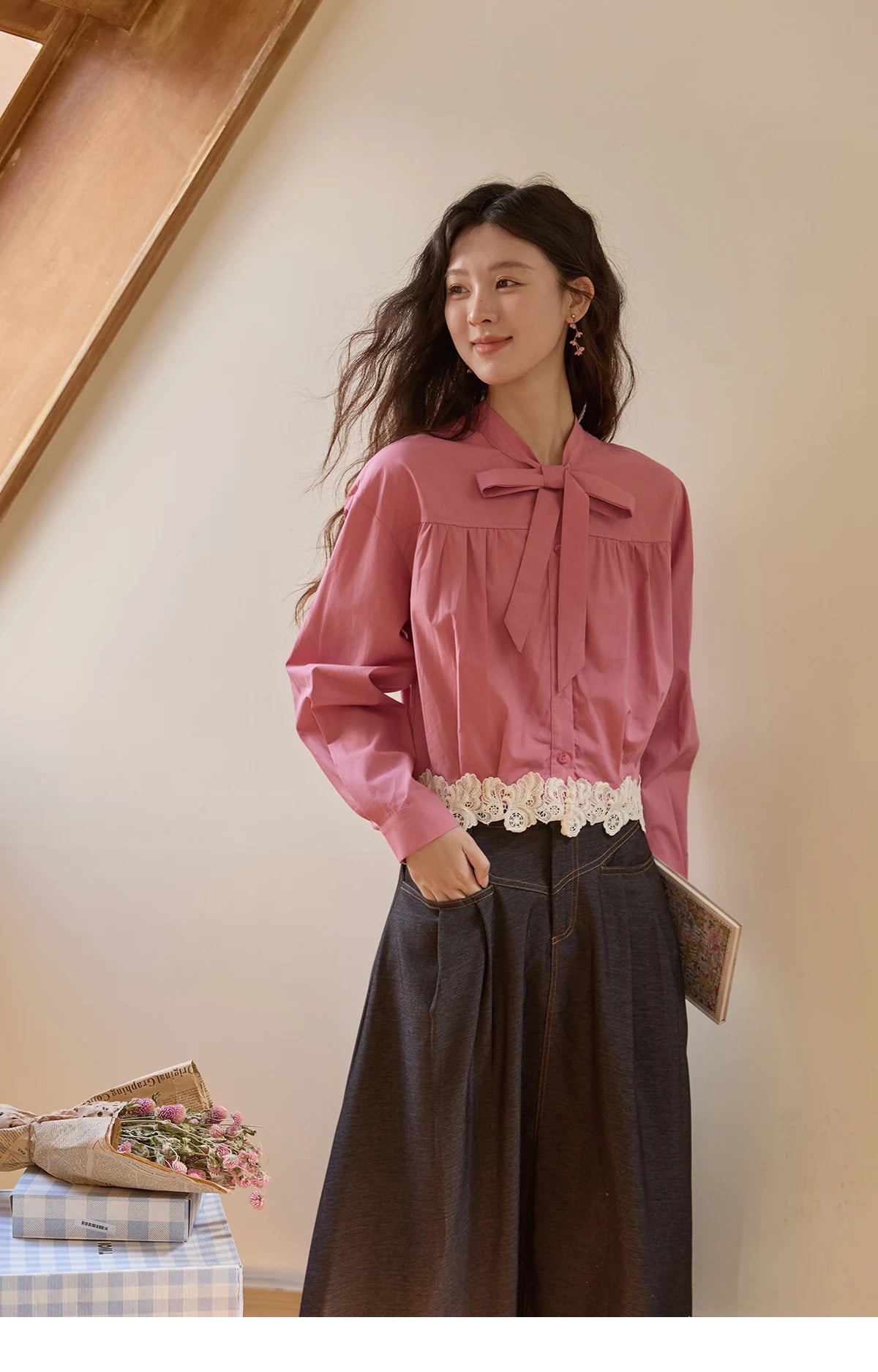 MISHOW Rose Red Stand Collar Shirt Bow Tie Hem Lace MXE43C2380