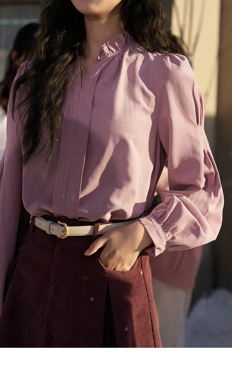 MISHOW Button Up Lantern Sleeve Shirt Ruffle Neck MXC56X1320