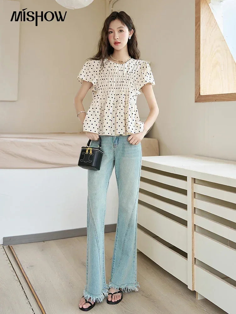 MISHOW Polka Dot Blouse Flying Sleeve O Neck Elastic Folds MXC39X1291