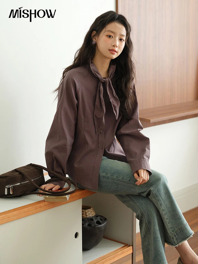 MISHOW Ash Purple Shirt Curved Hem Ribbon Neck Slim MXE42C2383