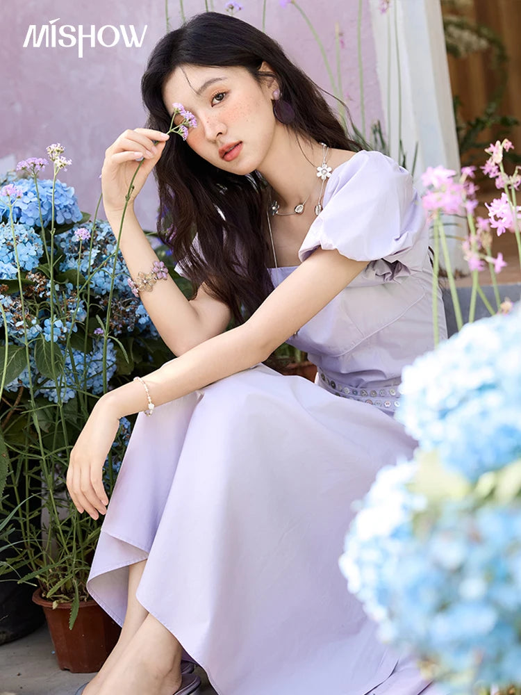 Mishow French Purple Puff Sleeve Square Neck Dress MXE34L2222