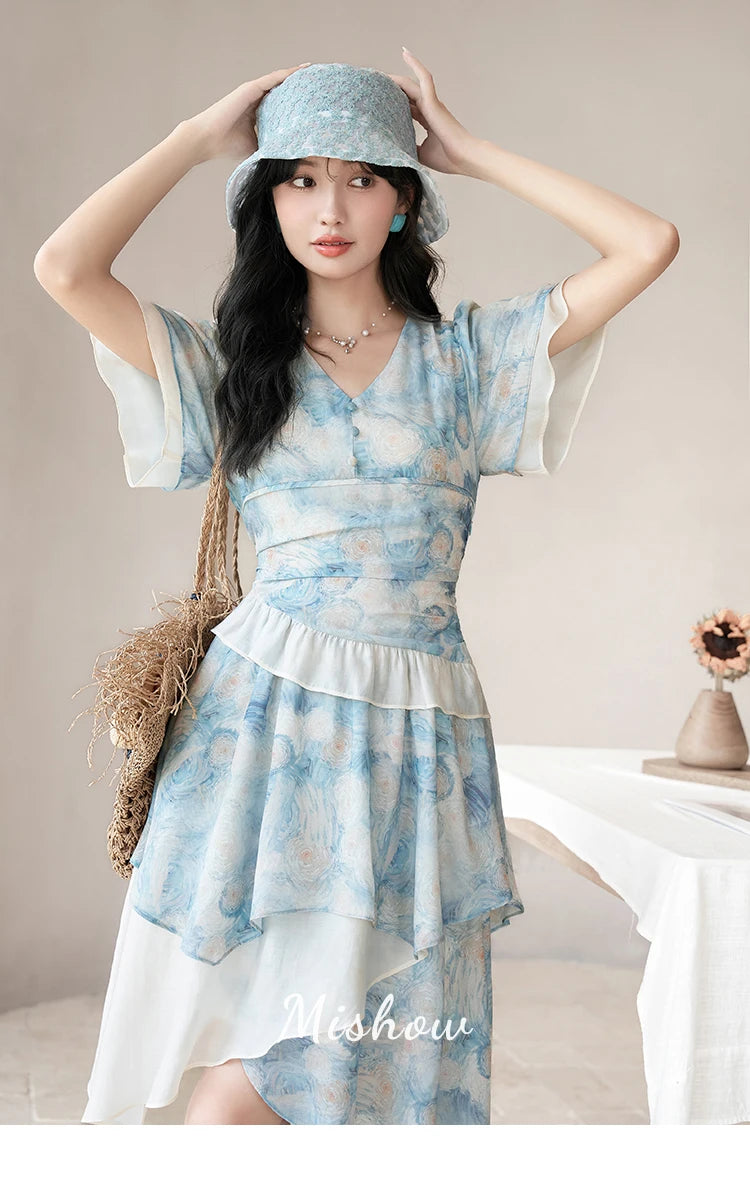Mishow Van Gogh Double Layer Sleeve Asymmetrical Dress MXC39L1527