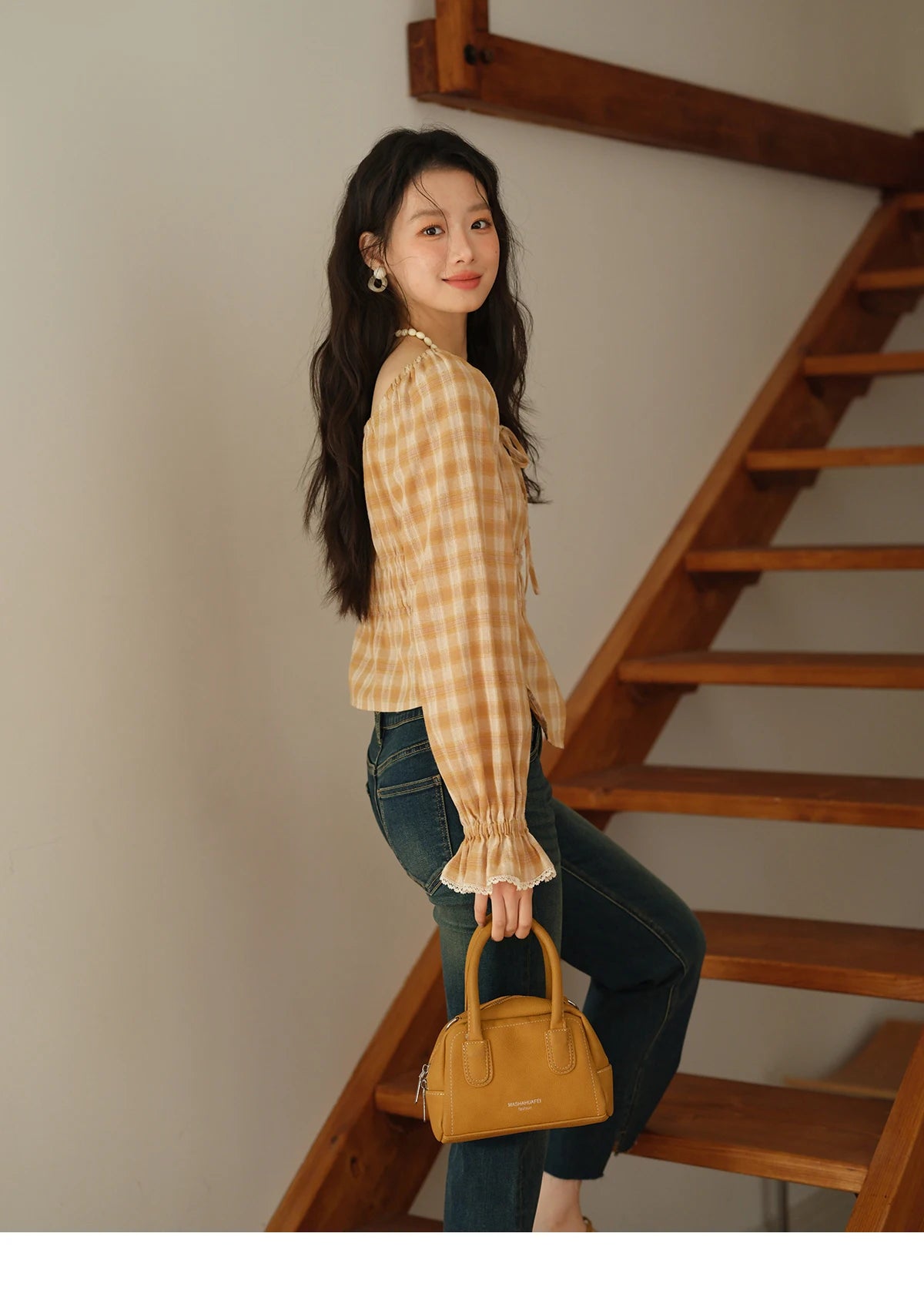 MISHOW Yellow Plaid Blouse Square Neck Puff Sleeve MXE43X1986
