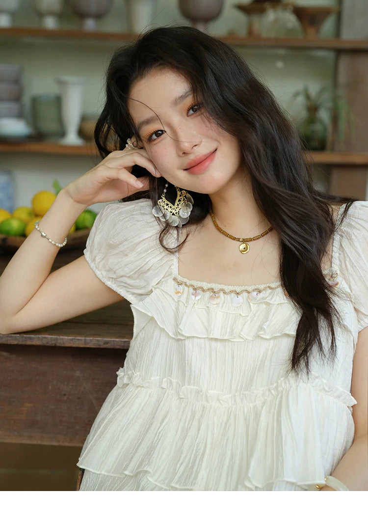 MISHOW Square Collar Puff Sleeve Tiered Blouse MXE33X1763
