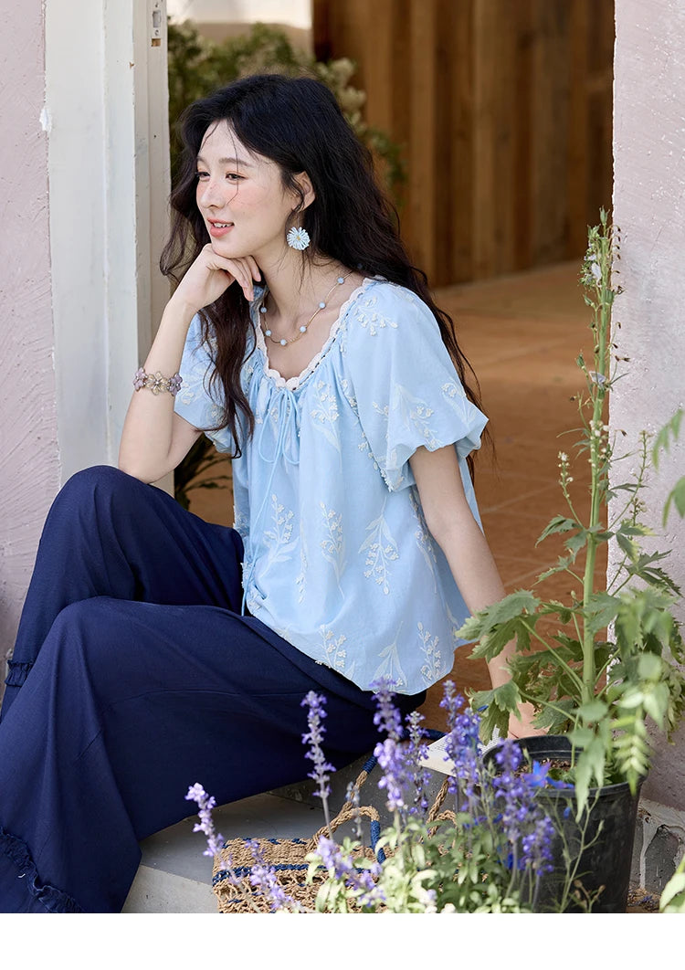 MISHOW Blue Cotton Embroidered Blouse Wave Edged O-Neck MXE35X1791