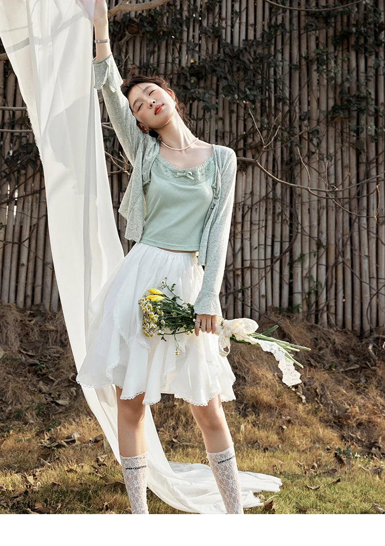 Mishow Light Green Lace Bow Camisole & Cardigan Set MXE15T0504