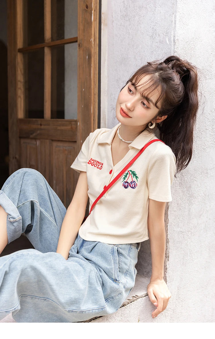 Mishow Korean Polo Collar Embroidery Letter Tee MXB32T0477