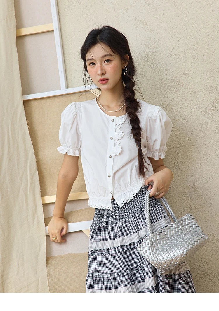 MISHOW Lace Puff Sleeve Shirt Flower Buttons Hem Elastic MXE34X1820