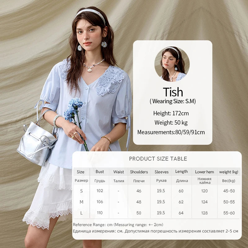 MISHOW Solid V-Neck Blouse Embroidered Loose Short Sleeve MXE31X1774