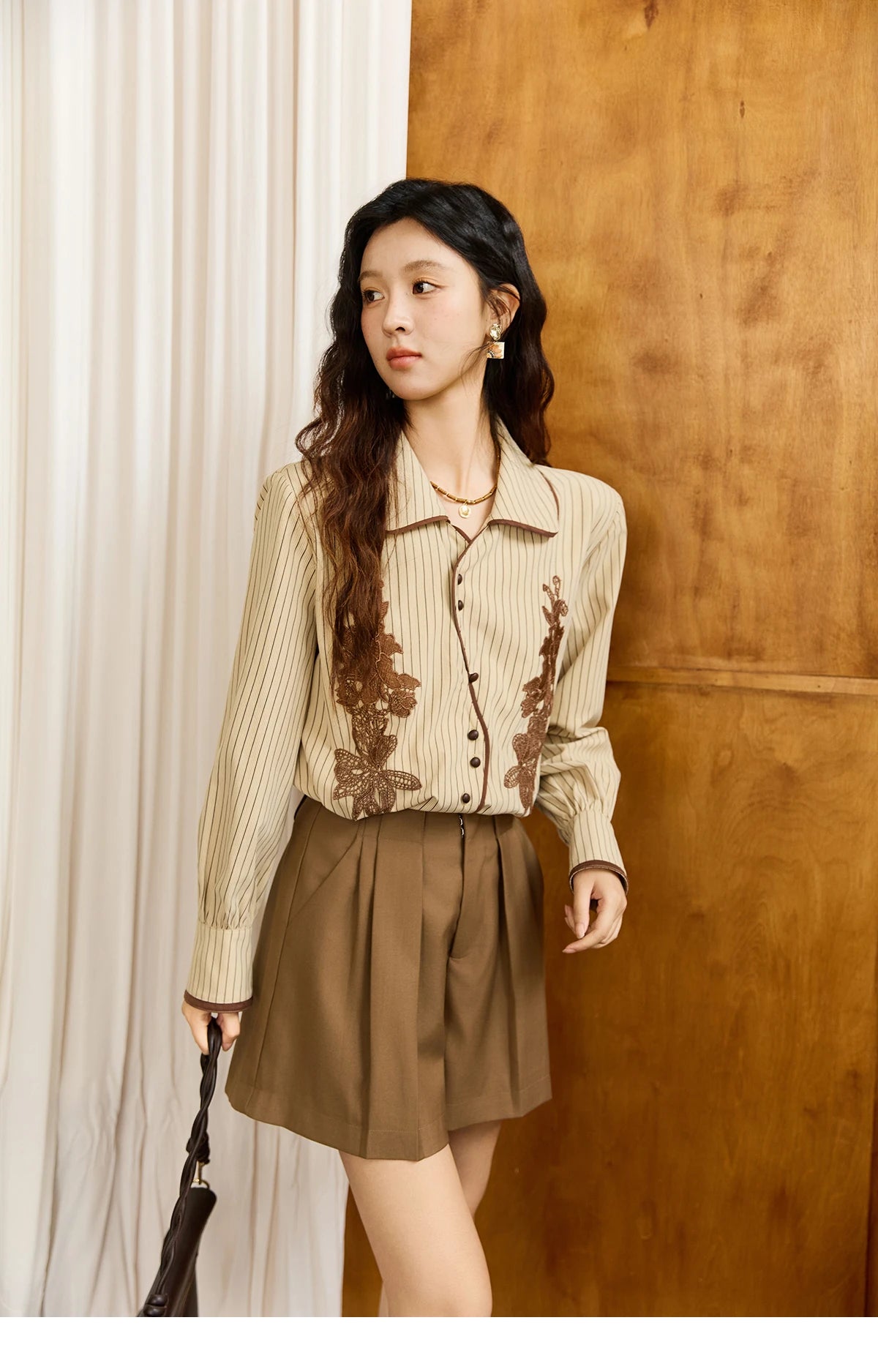 MISHOW Khaki Brushed Striped Shirt Lace Embroidered Asymmetric Placket MXE45C2402