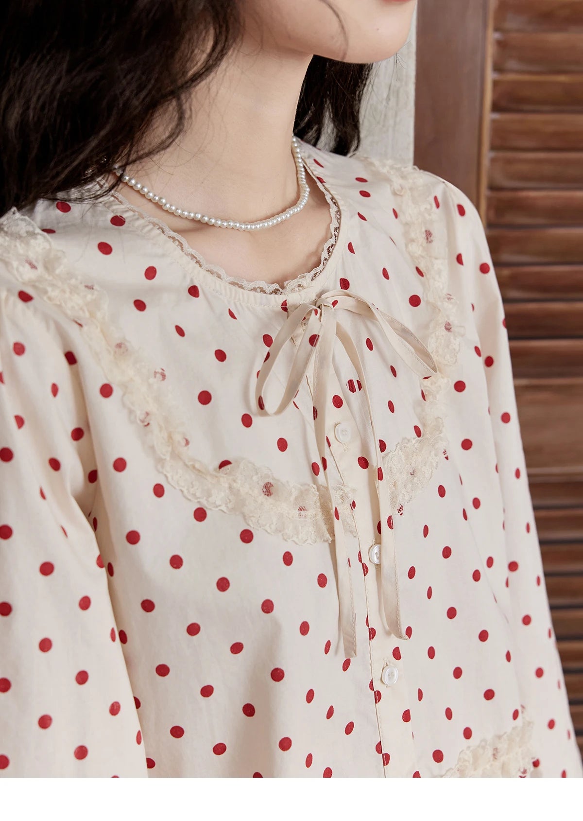 MISHOW Lace Up Polka Dot Round Neck Lace Shirt Elastic Petal Cuffs MXD44X1667