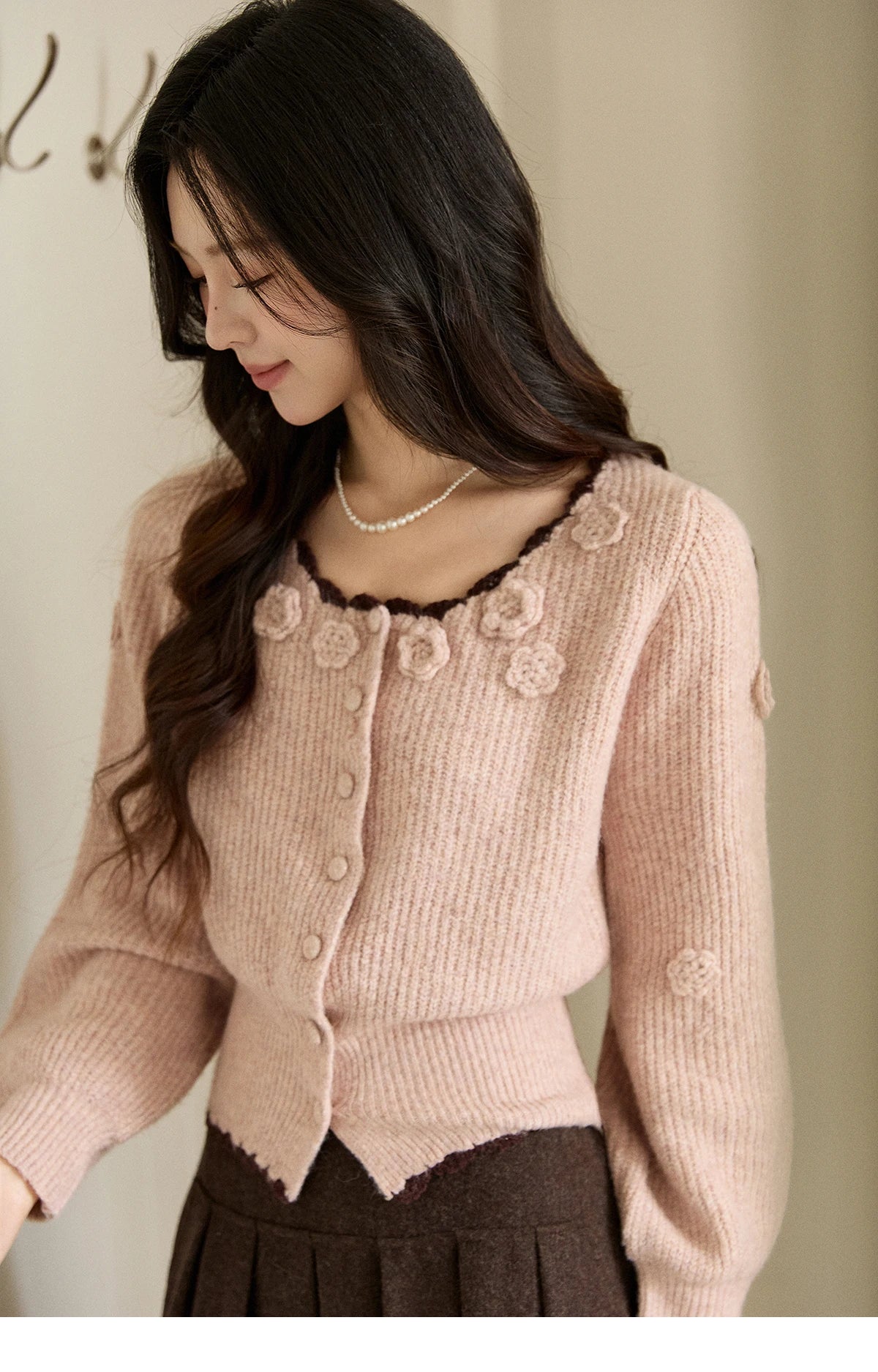 Mishow Pink Flower Lace Trim Cardigan MXE94Z2862
