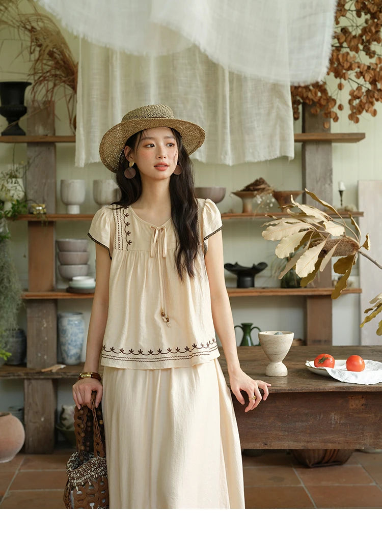 Mishow Embroidery Flying Sleeve Top & Elastic Waist Skirt Set MXE39T0667