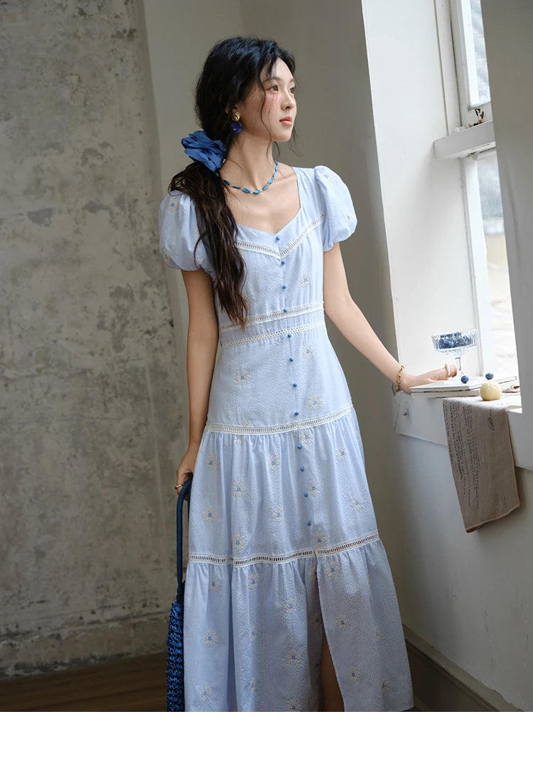 Mishow French Sweet Flower Embroidery Puff Sleeve Dress MXE35L2271