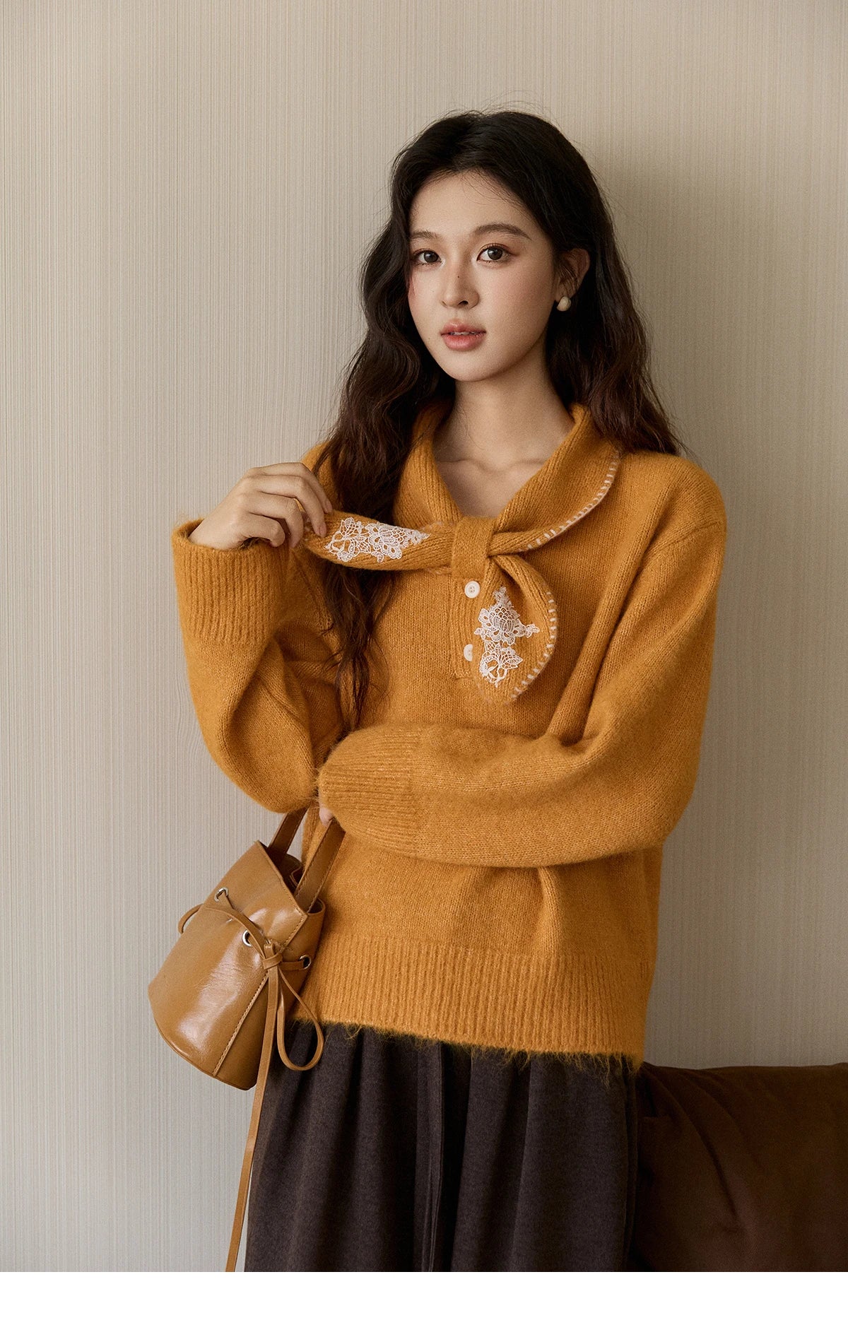 Mishow Yellow Bow Collar Lace Splicing Sweater MXE94Z2971