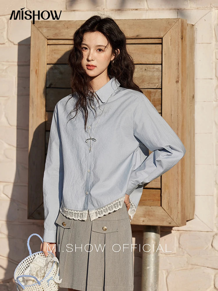 MISHOW Cotton Blue Shirt Hem Lace Lapel Collar MXE12C0410