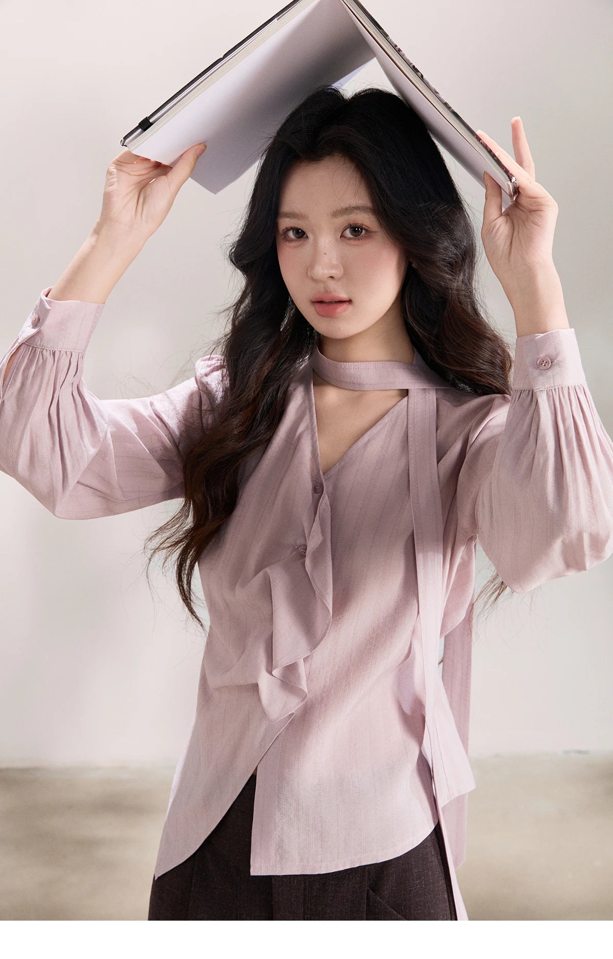 MISHOW Women's Purple Ribbon V-Neck Ruffled Shirt MXF13X2527