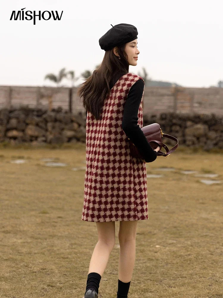 Mishow Plaid V-Neck Sleeveless Woolen Vest Dress MXB47L1332