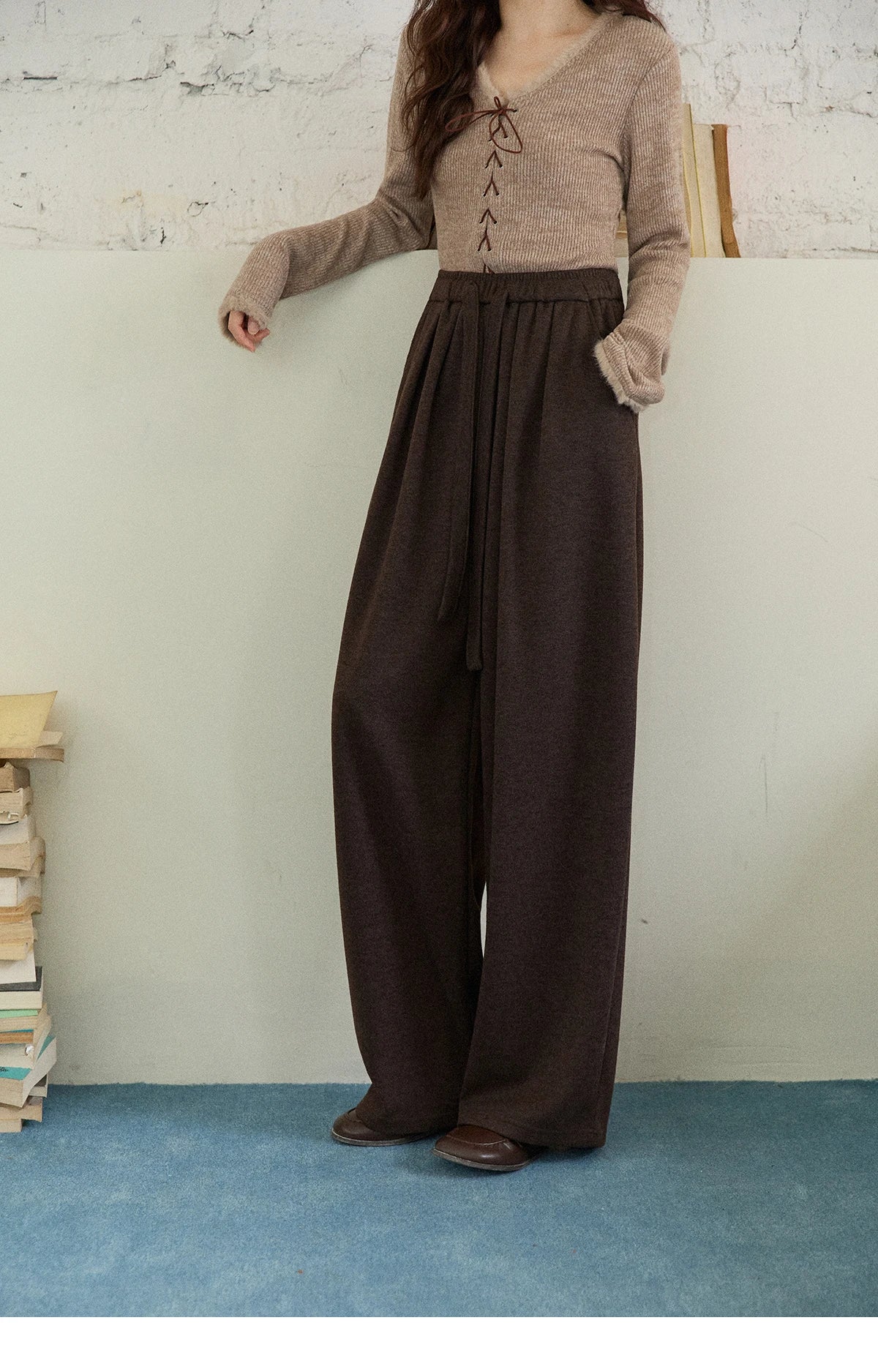 MISHOW Brown Wide-Leg Pants Thickened Drawstring Waistband MXE87K1126