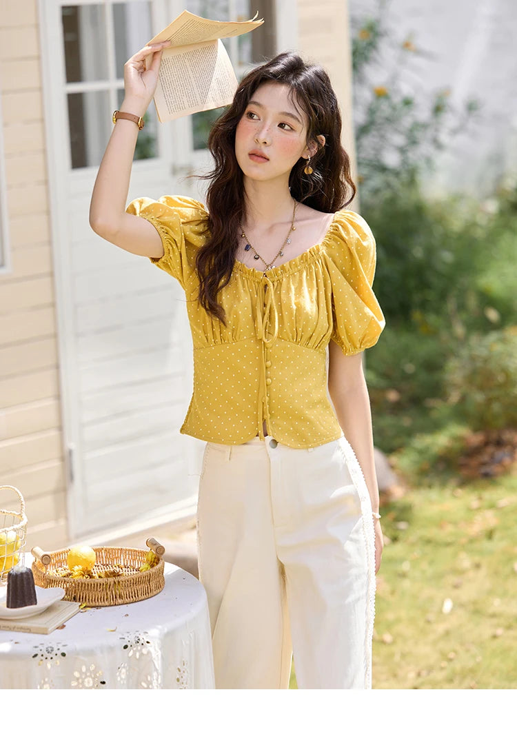 MISHOW Yellow Polka Dot One Shoulder Blouse Back Elastic Lace-Up MXE35X1840