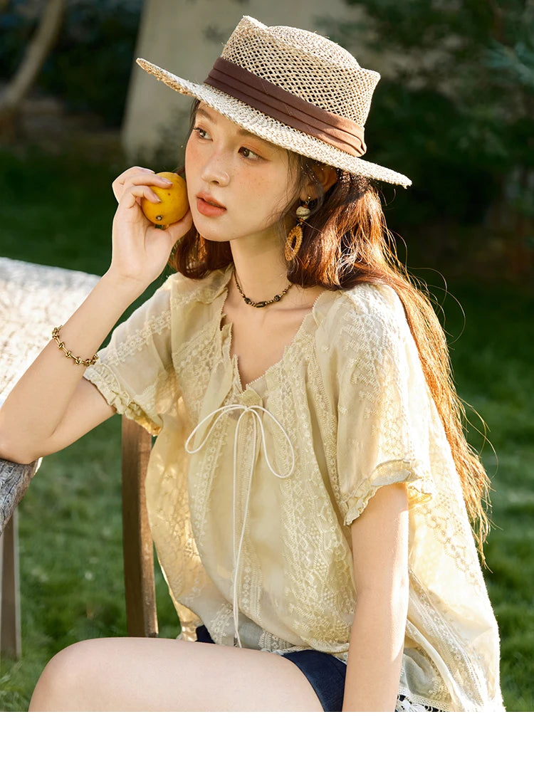 MISHOW Embroidered Jacquard Blouse O-Neck Lace Up MXE37X1861