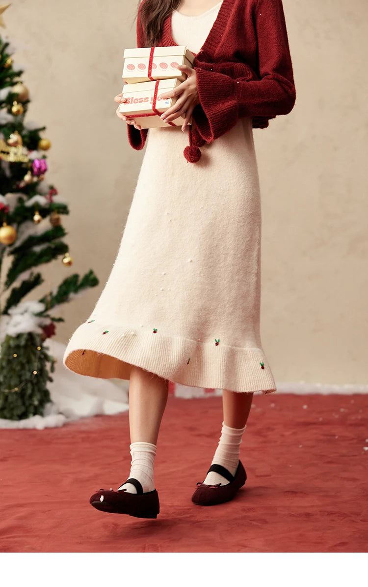 Mishow Pom-Pom Lace-Up Cardigan & Ruffle Strap Dress Set MXD59L2133