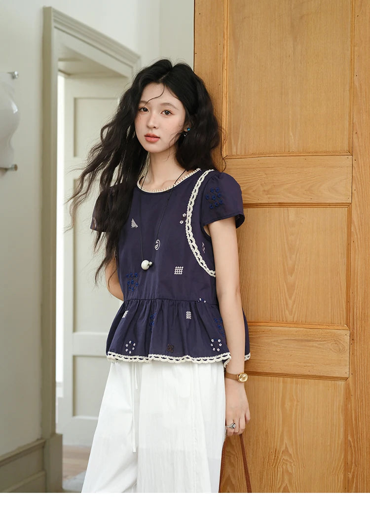 MISHOW O-Neck Spliced Lace Blouse Embroidery Flower MXE39X1965