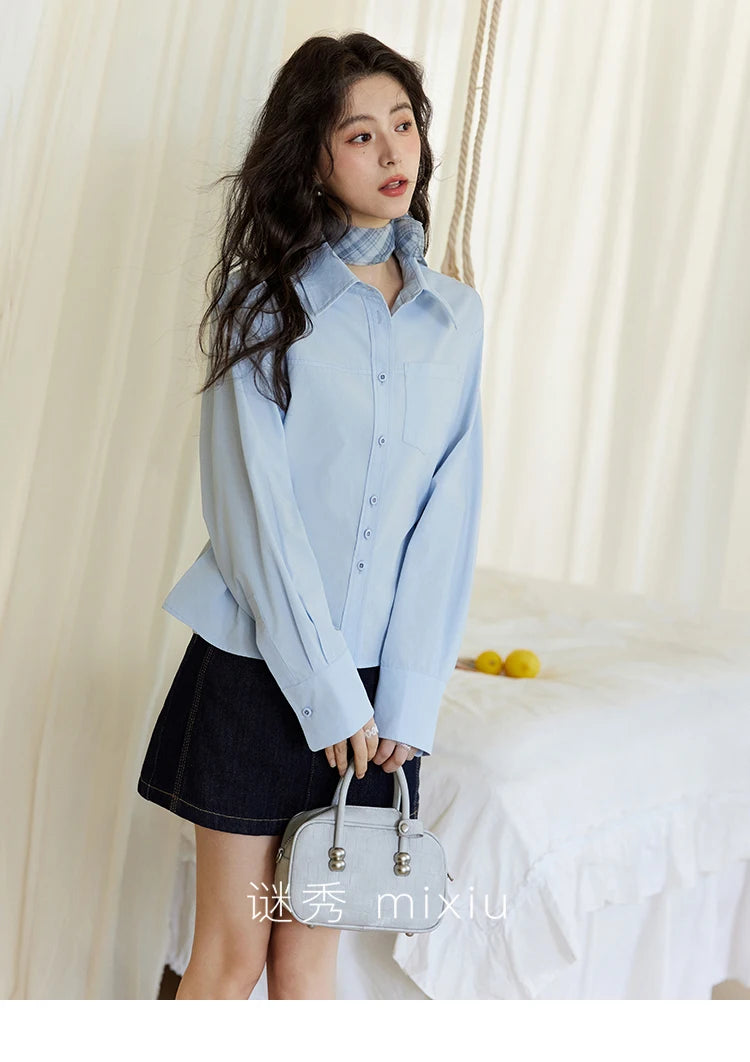 MISHOW Women's French Blue Shirt Polo Collar Waist Pocket MXE14C0753