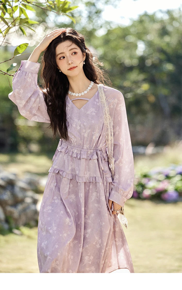 Mishow Black Fungus Edge Floral Lace-Up Cake Dress MXE13L2101