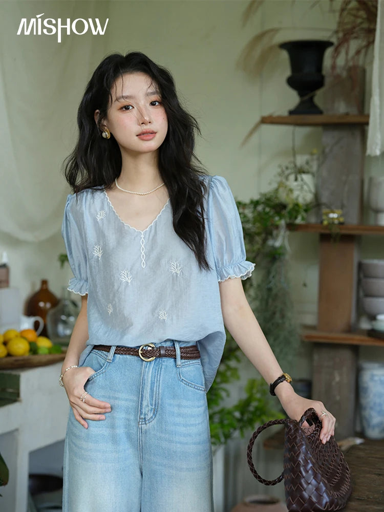 MISHOW Coral Embroidery Blouse V-Neck Puff Sleeve MXE37X1850