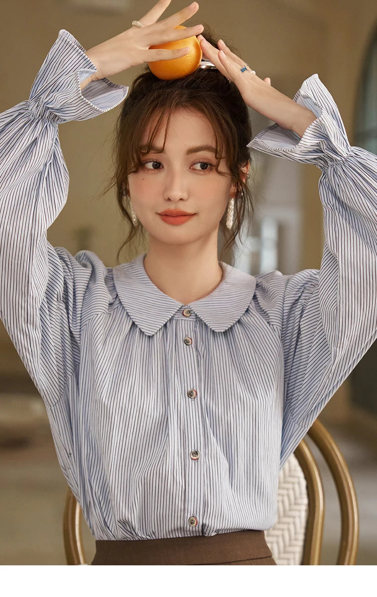 MISHOW Blue Stripe Shirt Bubble Sleeves Doll Neck MXD12C0163