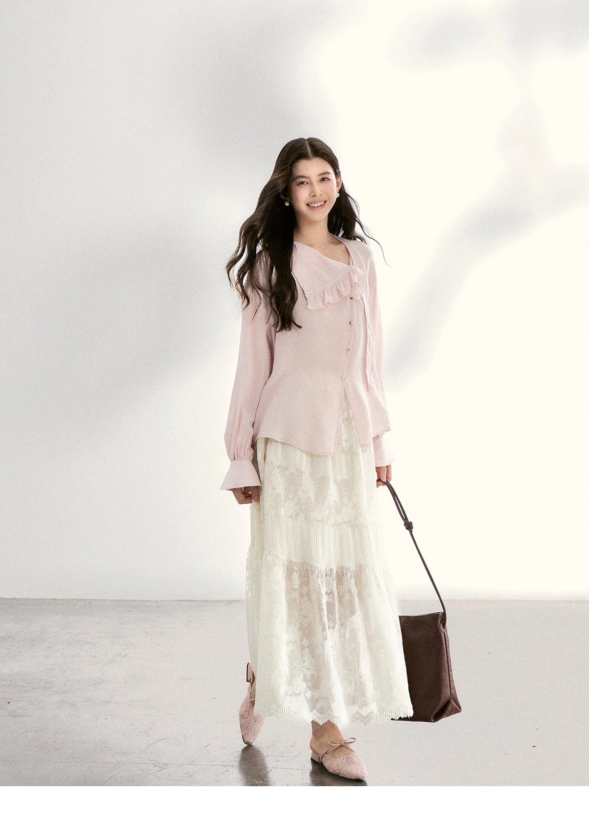 MISHOW Pink Asymmetrical Ruffled Collar Blouse Puff Sleeve MXF11X2520