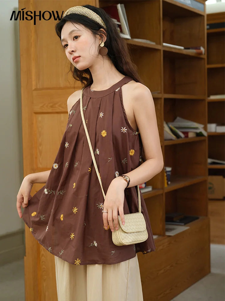 Mishow Embroidery Hanging Neck Sleeveless Top & Khaki Wide Leg Pants Set MXE39T0713