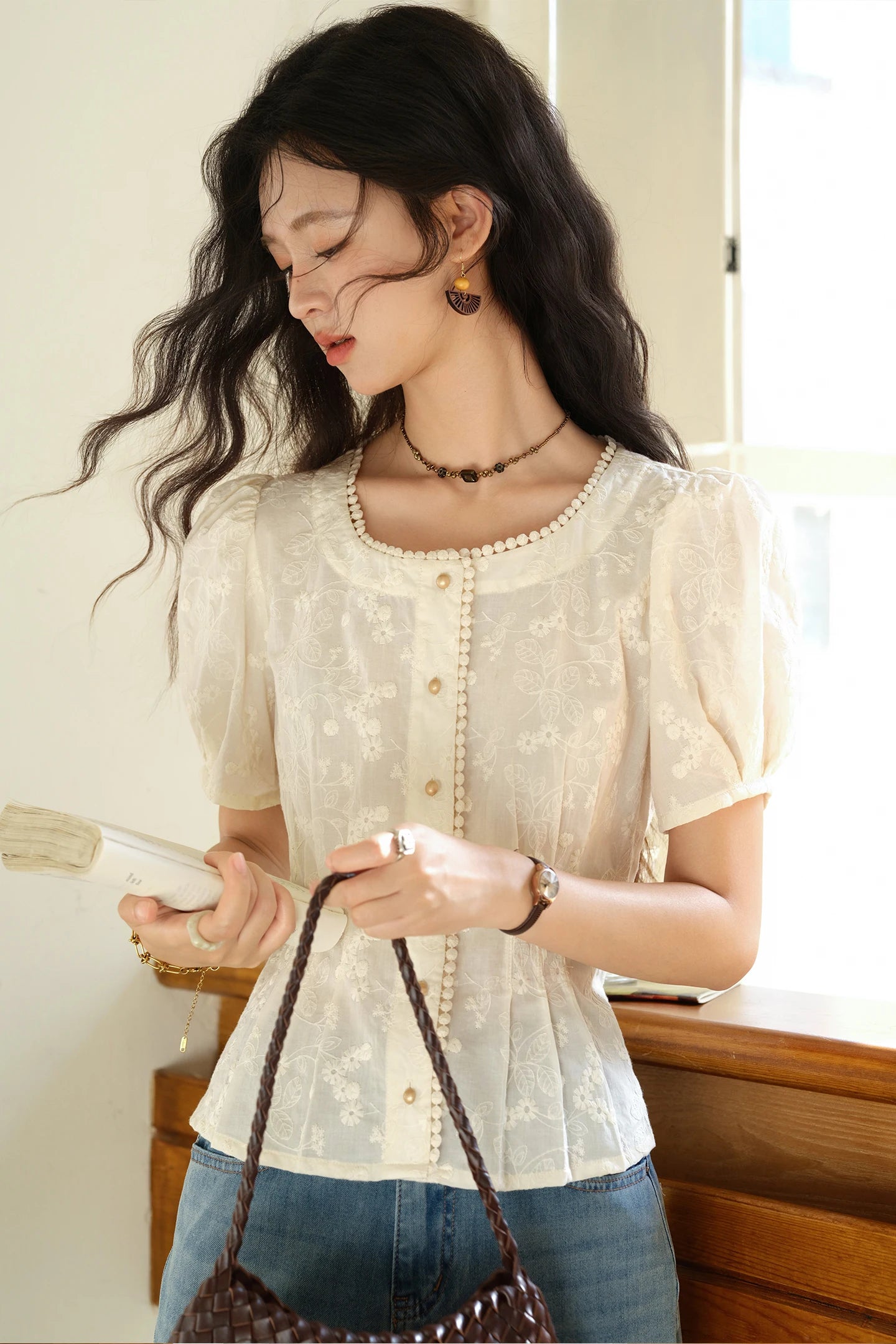 MISHOW Embroidery Cotton Shirt Puff Sleeve Button MXE39X1979