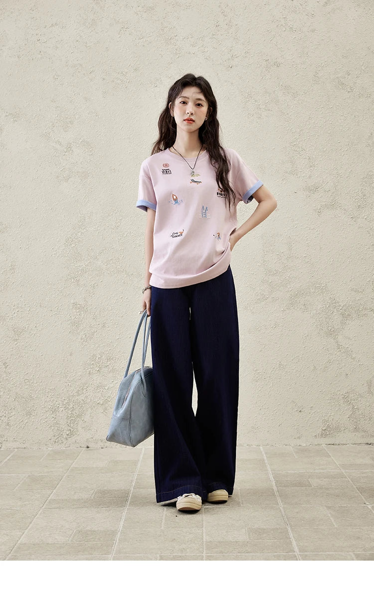 Mishow Stitching Ruffle High Waist Wide Leg Jeans MXE16K0907