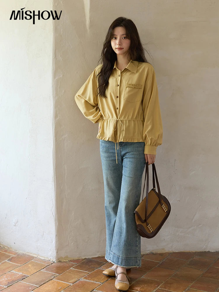 MISHOW Yellow Drawstring Waist Shirt Lapel Lantern Sleeve MXE42C2368