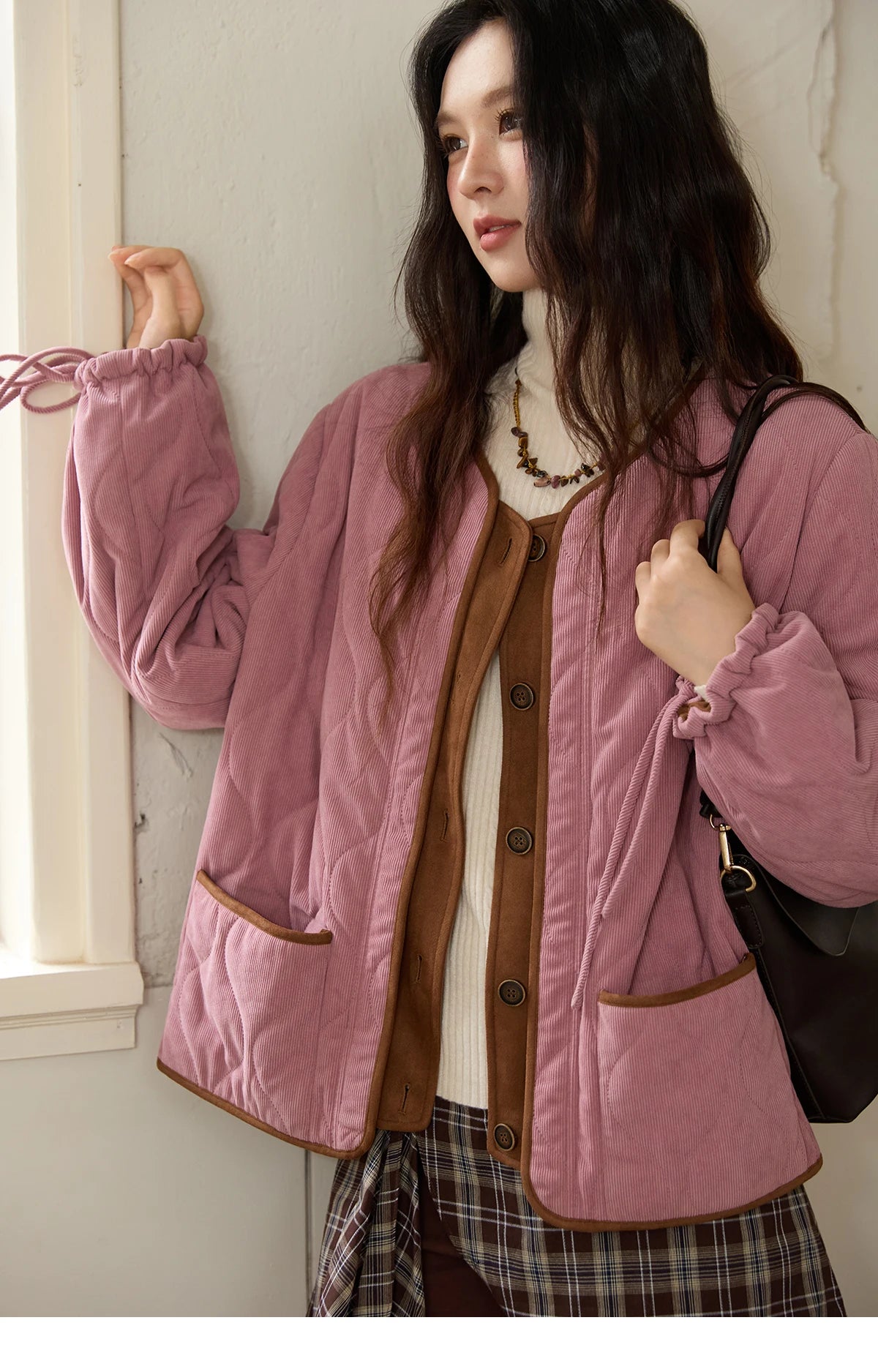 MISHOW Pink Purple Corduroy Jacket Gourd Pattern Splicing Suede MXE88W0882