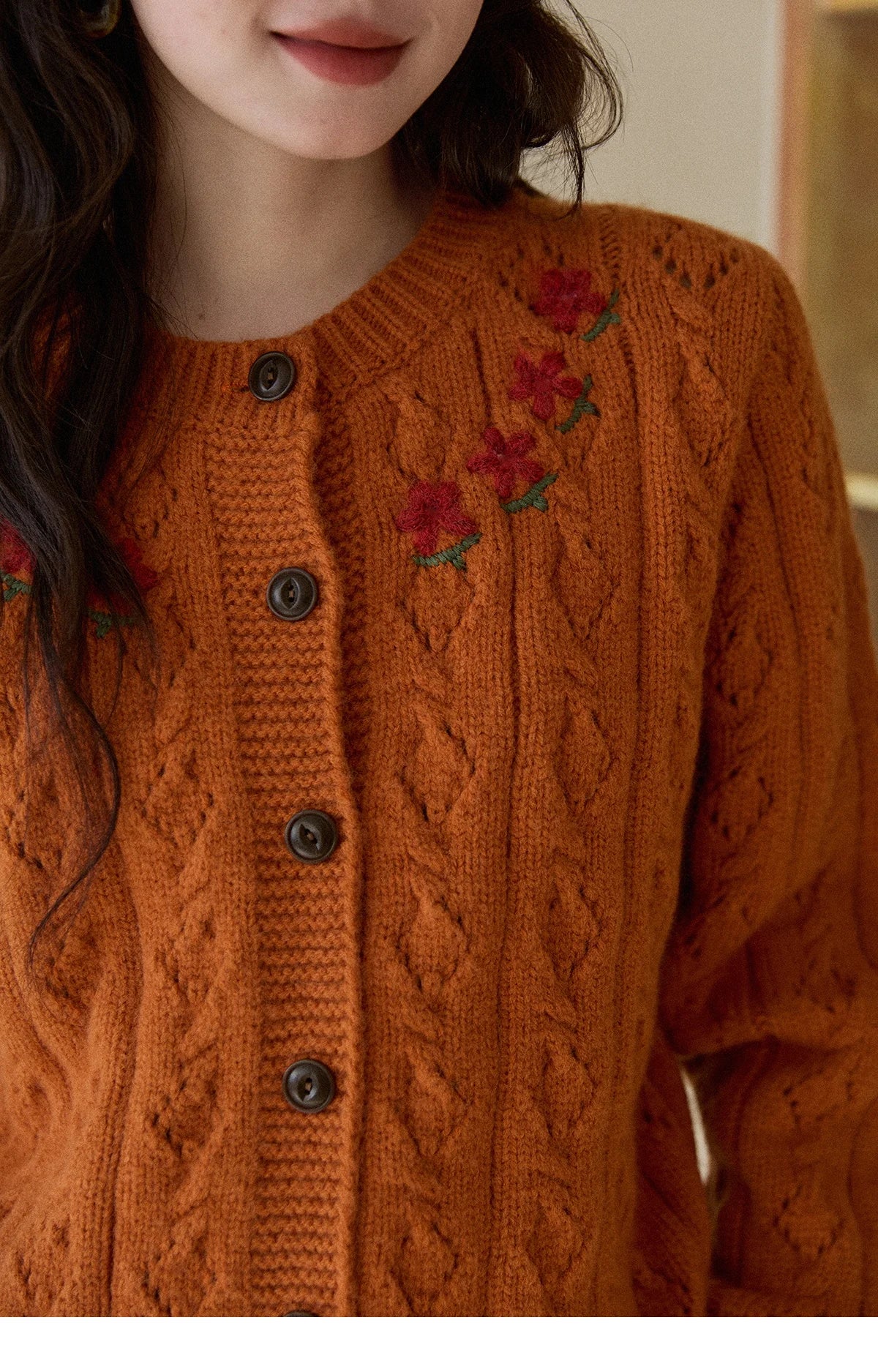 Mishow Orange Cable Knit Floral Embroidery Cardigan MXE86Z2737