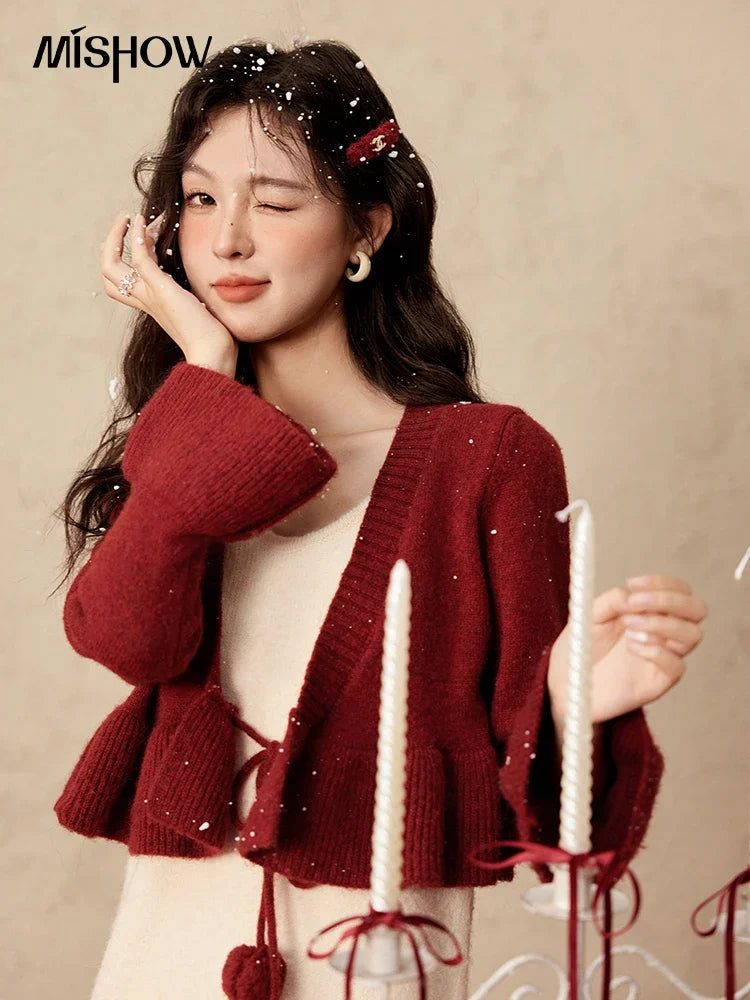 Mishow Pom-Pom Lace-Up Cardigan & Ruffle Strap Dress Set MXD59L2133