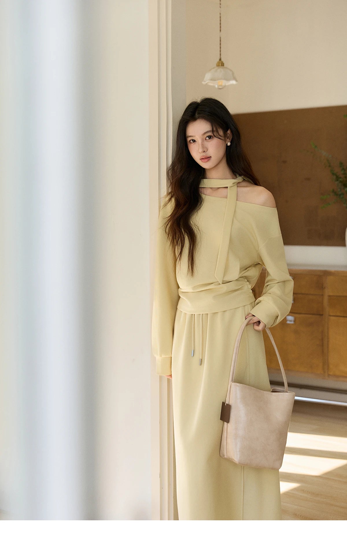 Mishow Light Yellow Off-Shoulder Top & Rear Fork Midi Skirt Set MXE11T1489