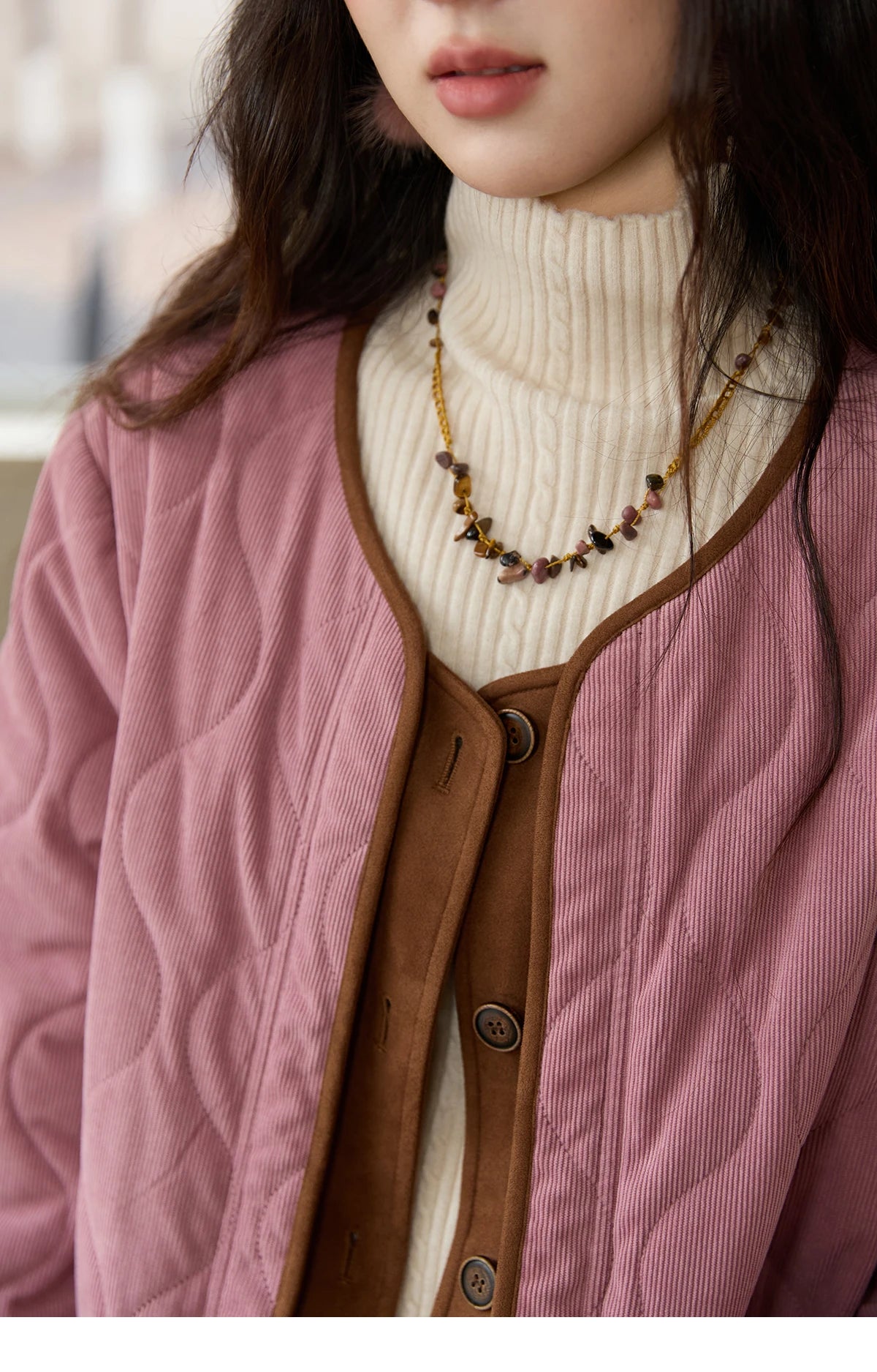 MISHOW Pink Purple Corduroy Jacket Gourd Pattern Splicing Suede MXE88W0882