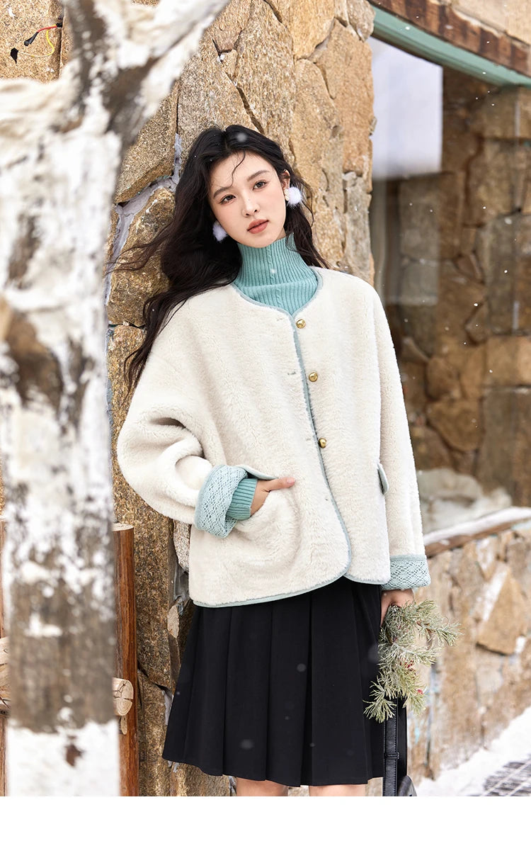 Mishow Lamb Wool Cuff Lace Metal Button Jacket MXD58W0740