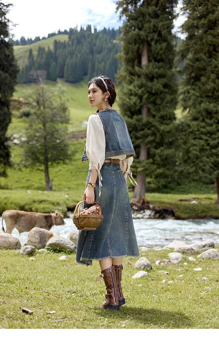 MISHOW Washed Hem Fringed Denim Midi Skirt A-Line Retro MXD41B0453