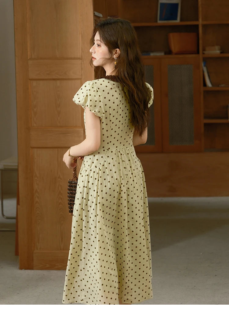 Mishow Polka Dot V-Neck Lace Up Puff Sleeve Dress MXE39L2326