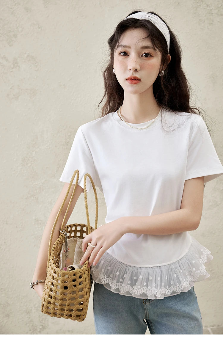Mishow Lace Hem Splicing Round Neck Tee MXE31T0528