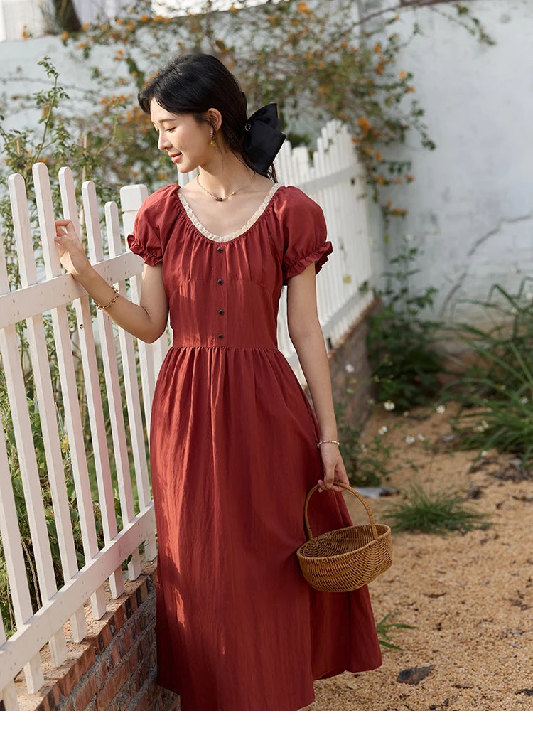 Mishow French Puff Sleeve Lace Neck Long Dress MXE35L2297