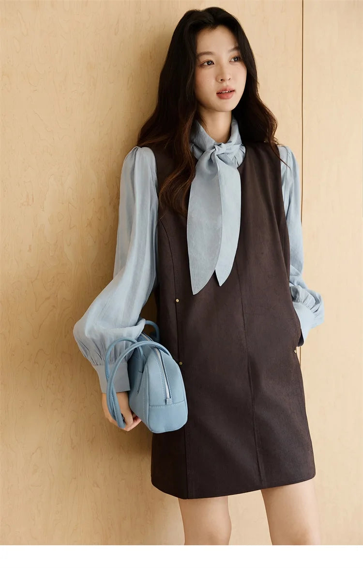 Mishow Light Blue Shirt & Brown Vest Skirt Suit MXE47T1408