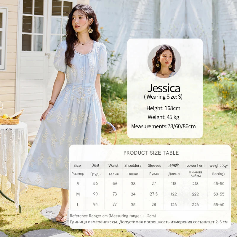 Mishow Blue Square Neck Bubble Sleeve Cotton Dress MXE35L2234