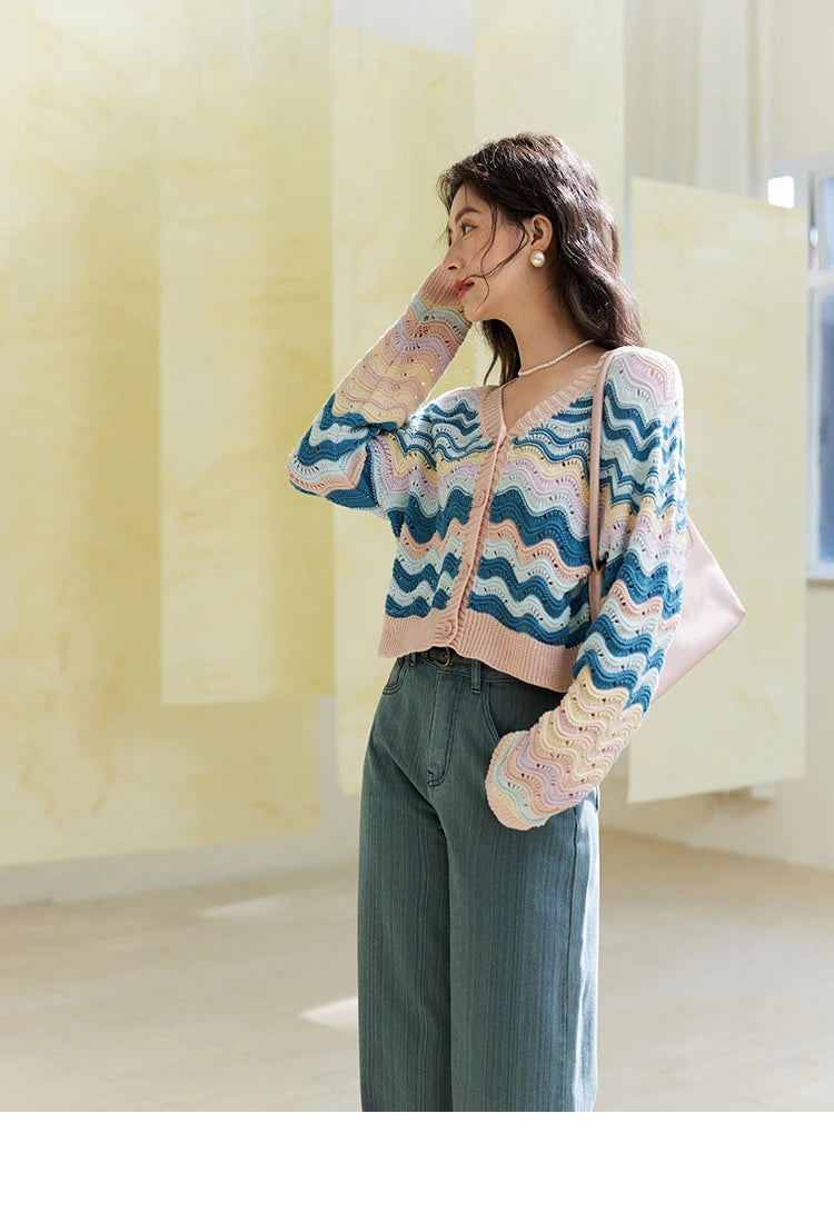 Mishow Color Stripe V-Neck Loose Cardigan MXE16Z1203